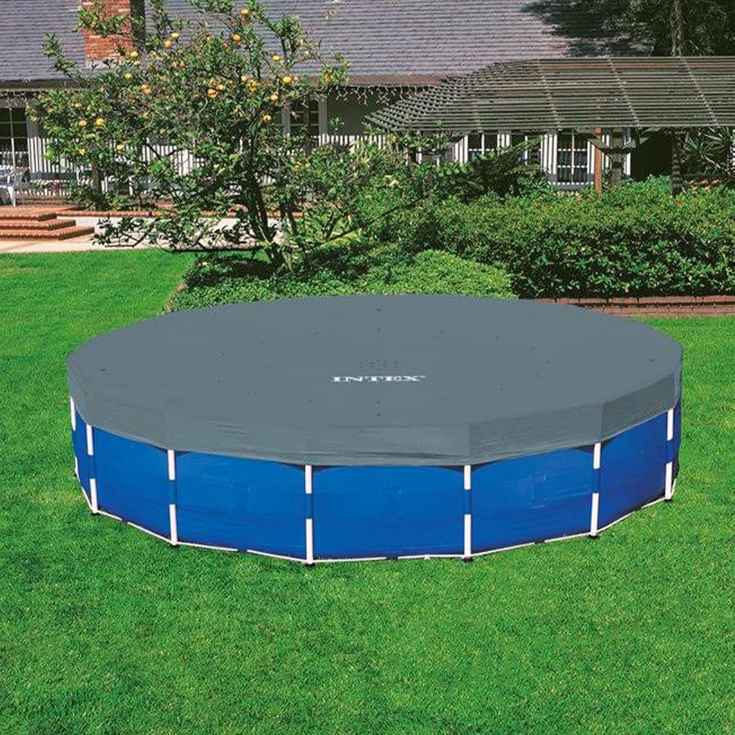 Intex 15 Foot by 48 Inch round Metal Frame above Ground Swimming Pool Set for Outdoor Use with Filter Pump, Ladder, Ground Cloth, and Cover, Blue