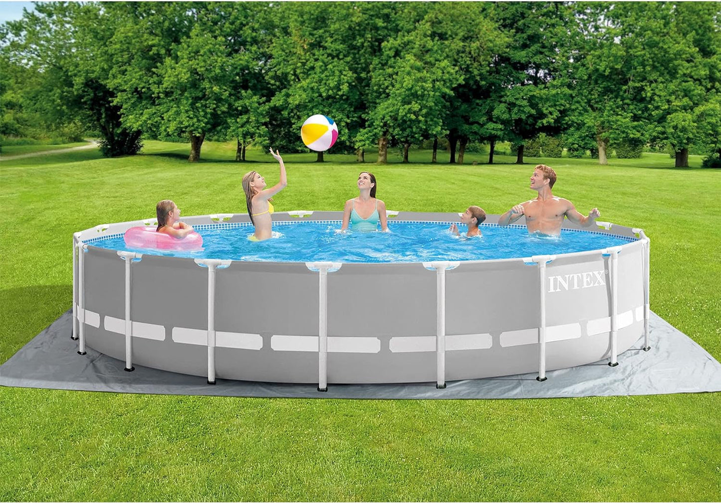 Intex 26731EH 18Ft X 48In Outdoor Prism Frame above Ground Swimming Pool Set with Cover, Ladder, Filter Pump, and 6 Replacement Filters, Gray