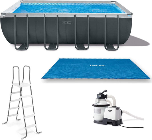 INTEX 26355EH Ultra 18'X9'X52" Ultra XTR Rectangular Frame Pool Set with 120V 1,200 GPH Sand Filter Pump, Ladder, Ground Cloth, and Solar Pool Cover