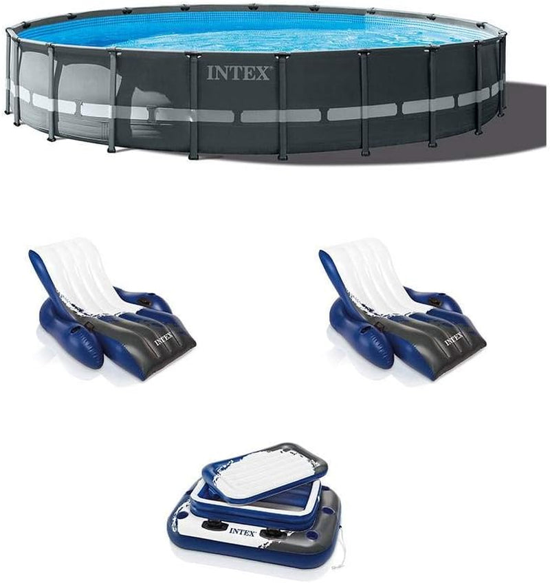 Intex 20' X 48" round Ultra XTR Frame above Ground Swimming Pool Set with Set of 2 Inflatable Reclining Lounge Chairs & Mega Chill II Floating Cooler