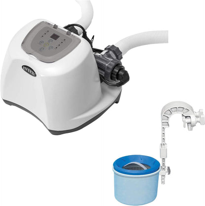 Intex 120 Volt Krystal Clear Salt Chlorine Generator Pool System and Wall Mount Surface Skimmer with 3 Self Clean Modes and Strainer Basket
