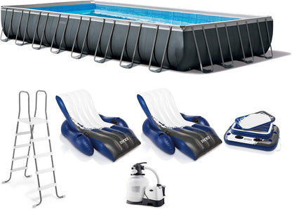 Intex 26377EH 32Ft X 16Ft X 52In Ultra XTR Frame above Ground Rectangular Swimming Pool Set with 2 Inflatable Recliner Lounge Chairs and Cooler Float