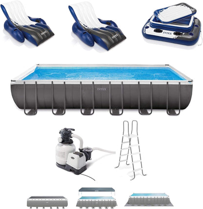 Intex 26363EH Ultra XTR 24Ft X 12Ft X 52In Outdoor Above-Ground Rectangular Swimming Pool Set with 2 Lounge Pool Recliner Floats & 72 Can Cooler Float