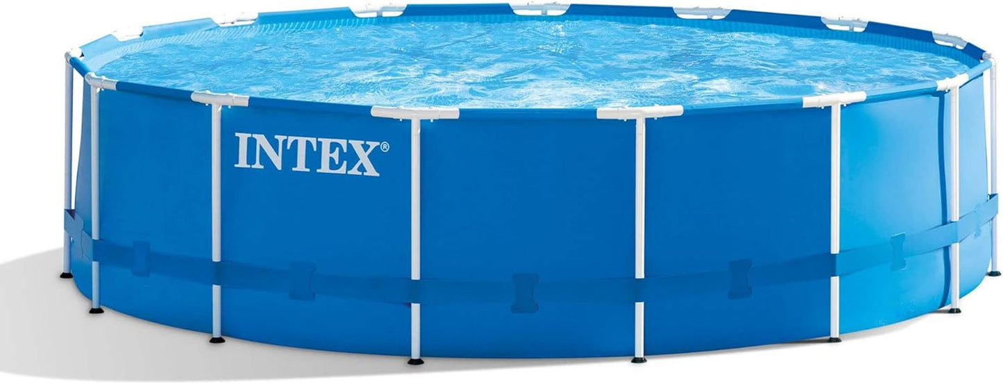 Intex 15 Foot by 48 Inch round Metal Frame above Ground Swimming Pool Set for Outdoor Use with Filter Pump, Ladder, Ground Cloth, and Cover, Blue