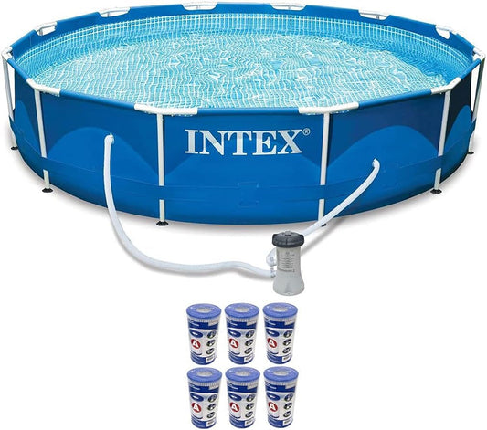 Intex Metal Frame Durable round above Ground Pool Set with Cartridge Filter Swimming Pool Pump, 6 Type a Filters, and Drain Plug