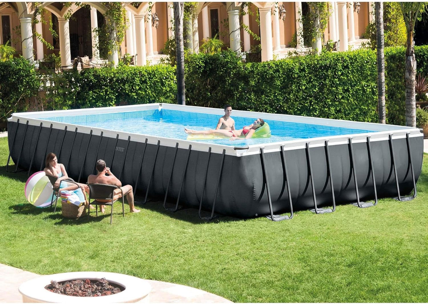 Intex 26377EH 32Ft X 16Ft X 52In Ultra XTR Frame above Ground Rectangular Swimming Pool Set with 2 Inflatable Recliner Lounge Chairs and Cooler Float