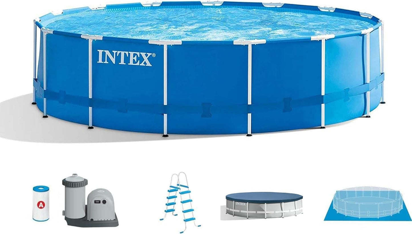 Intex 15 Foot by 48 Inch round Metal Frame above Ground Swimming Pool Set for Outdoor Use with Filter Pump, Ladder, Ground Cloth, and Cover, Blue