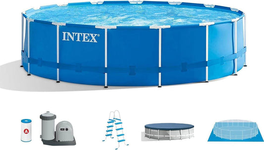 Intex 15 Foot by 48 Inch round Metal Frame above Ground Swimming Pool Set for Outdoor Use with Filter Pump, Ladder, Ground Cloth, and Cover, Blue