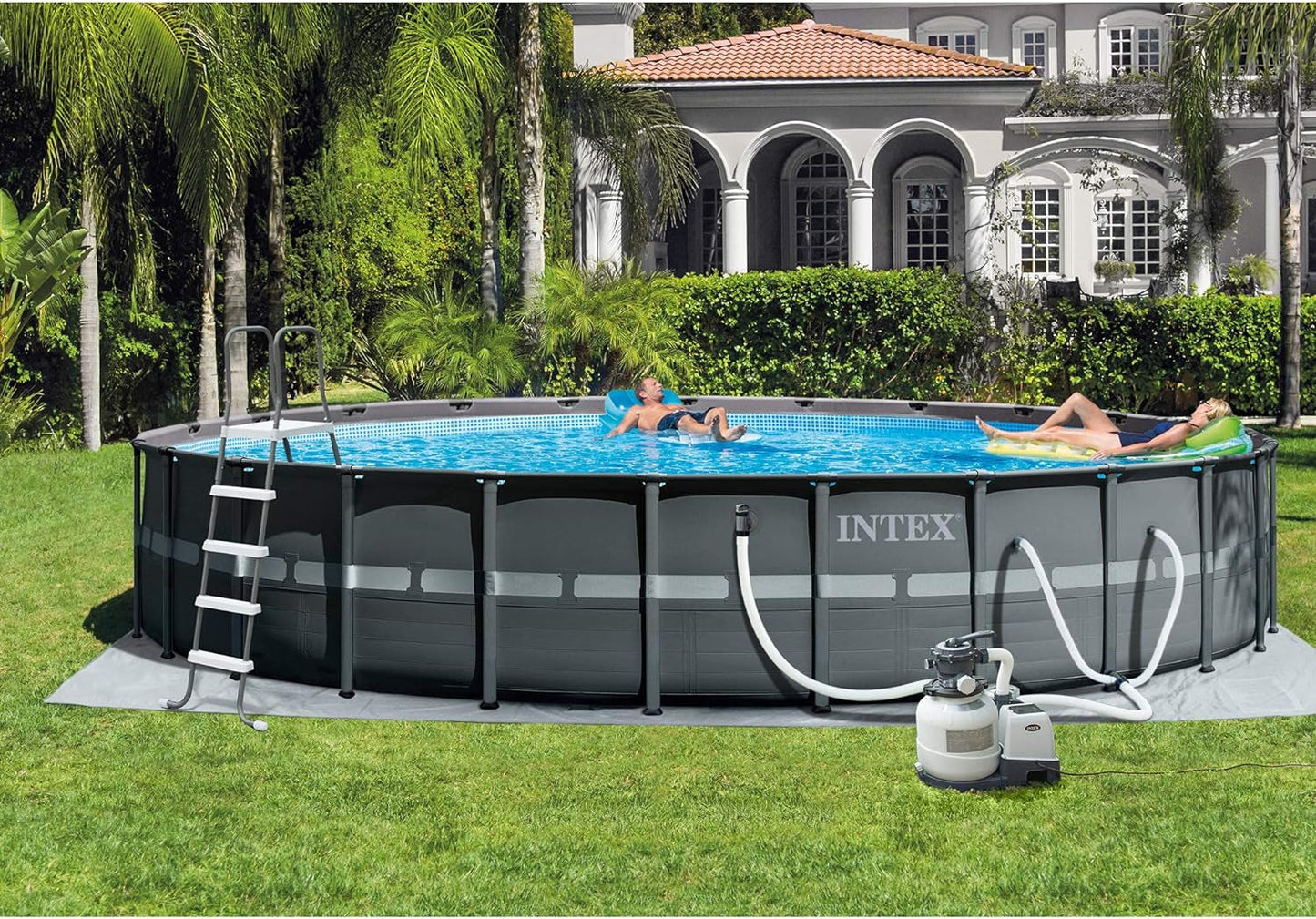 Intex 26 Foot by 52 Inch Framed Swimming Pool with Pool Cover, Inflatable Beverage Cooler, and Set of 2 Inflatable Floating Recliner Chairs, Dark Gray