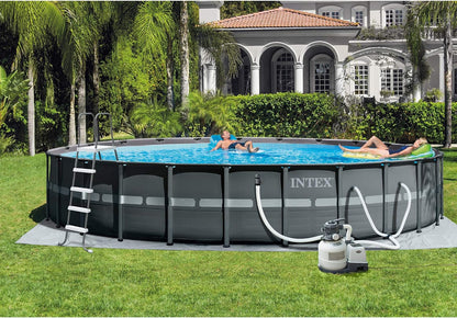Intex 26 Foot by 52 Inch Framed Swimming Pool with Pool Cover, Inflatable Beverage Cooler, and Set of 2 Inflatable Floating Recliner Chairs, Dark Gray