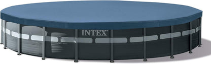 Intex 26 Foot by 52 Inch Framed Swimming Pool with Pool Cover, Inflatable Beverage Cooler, and Set of 2 Inflatable Floating Recliner Chairs, Dark Gray