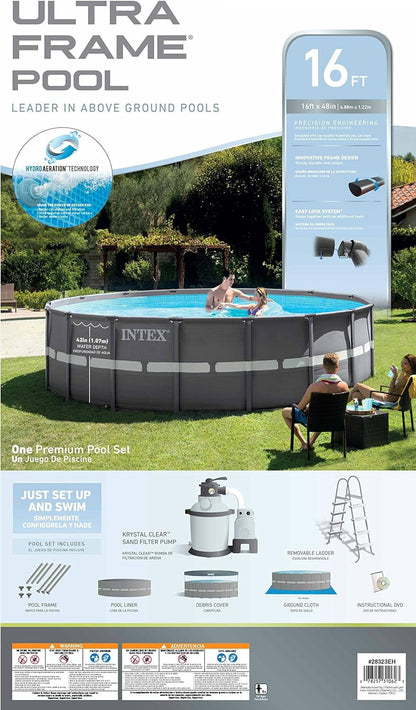 Intex 16Ft X 48In Ultra Frame Pool Set with Sand Filter Pump, Ladder, Ground Cloth & Pool Cover