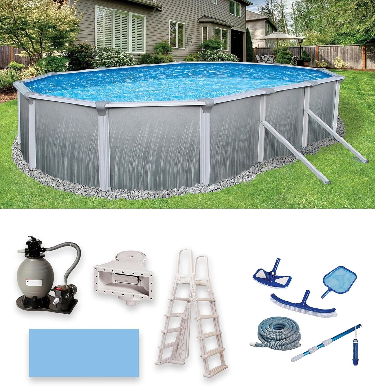 Blue Wave Martinique 12-Feet by 24-Feet Oval 52-Inch Deep 7-Inch Top Rail Metal Wall Swimming Pool Package