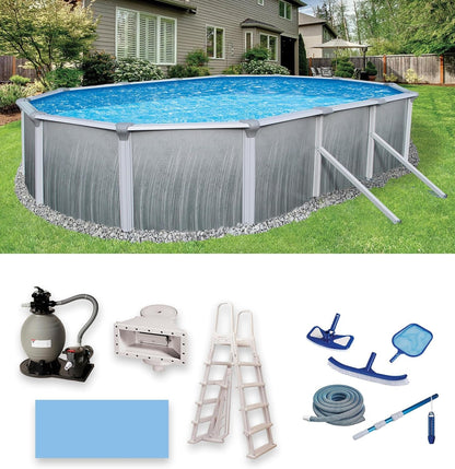 Blue Wave Martinique 12-Feet by 24-Feet Oval 52-Inch Deep 7-Inch Top Rail Metal Wall Swimming Pool Package