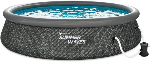 Summer Waves 14' X 36" Quick Set Inflatable Ring above Ground Outdoor Swimming Pool with RX600 GFCI Filter Pump and Ladder, Dark Wicker