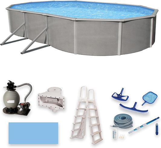 Blue Wave Belize 12-Feet by 24-Feet Oval 52-Inch Deep 6-Inch Top Rail Metal Wall Swimming Pool Package