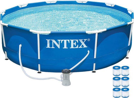 Intex 4 Person Metal Frame Outdoor above Ground Pool Set with Drain Plug, Filter Pump, and 6 Type H Replacement Filter Cartridges, Blue