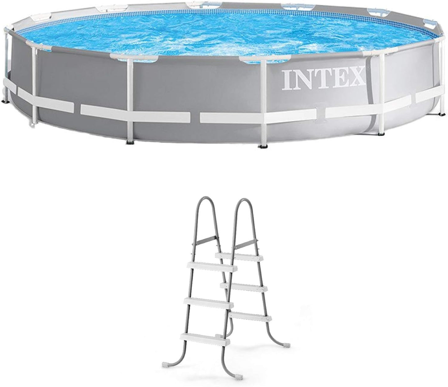 Intex Prism Frame 12 Foot X 30 Inch round above Ground Outdoor Swimming Pool Set for Backyards with 530 GPH Filter Pump and Steel Frame Pool Ladder