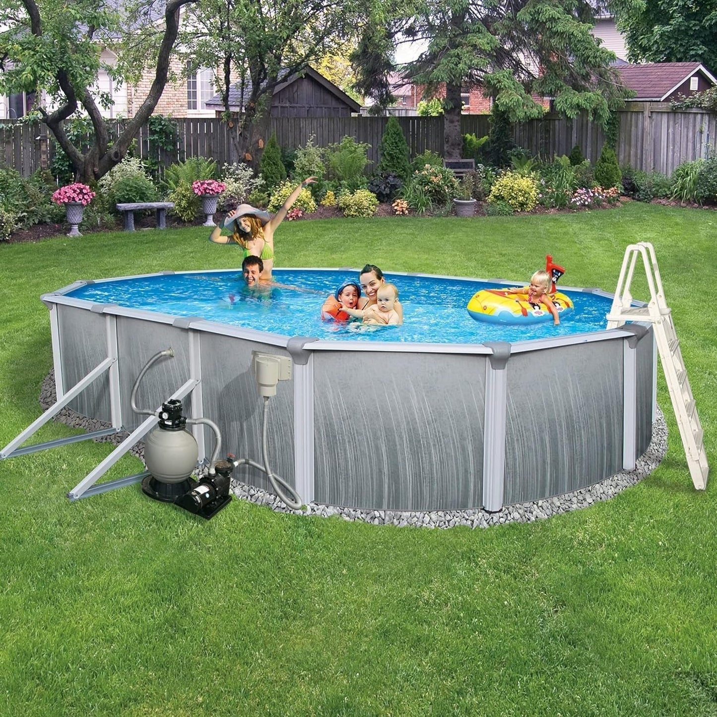 Blue Wave Martinique 12-Feet by 24-Feet Oval 52-Inch Deep 7-Inch Top Rail Metal Wall Swimming Pool Package