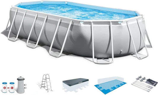 Intex Prism Frame 16.5' X 9' X 4' Oval above Ground Swimming Pool Set with Filter Pump, Ladder, Pool Cover, and Protective Sun Canopy Shade, Gray