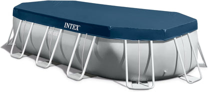 Intex Prism Frame 16.5' X 9' X 4' Oval above Ground Swimming Pool Set with Filter Pump, Ladder, Pool Cover, and Protective Sun Canopy Shade, Gray