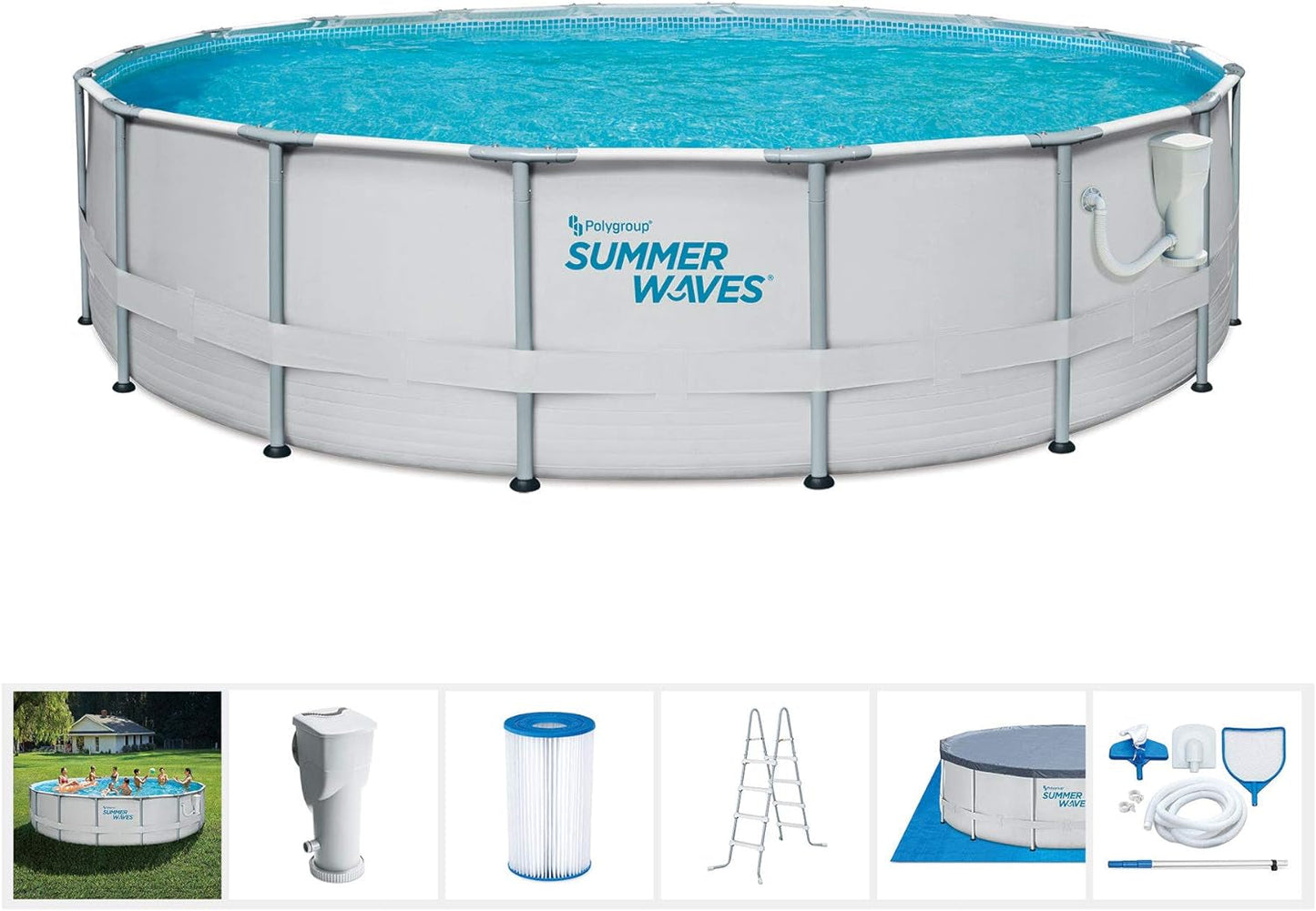 Summer Waves Elite 18Ft X 48In Metal Frame Outdoor Backyard above Ground Pool Set with Filter Pump, Ladder, Ground Cloth, Cover, and Maintenance Kit