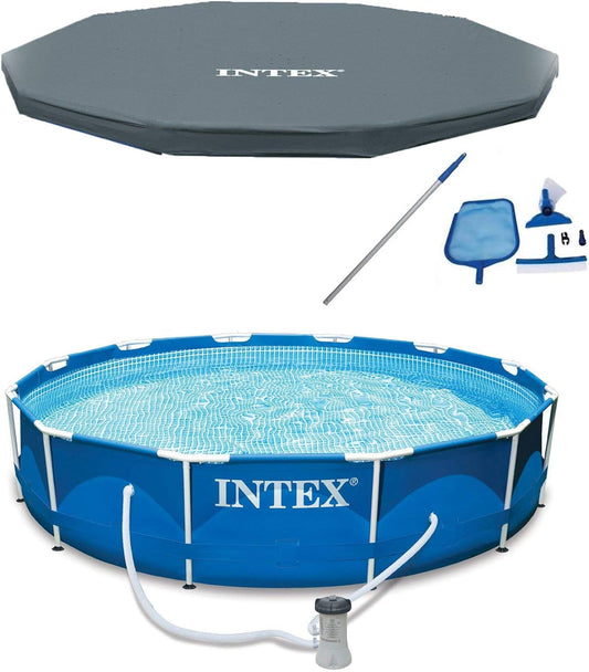 INTEX 12 X 2.5 Foot Metal Frame above Ground Swimming Pool, Type a Filter, Protective Cover, and Complete Maintenance Kit with Vacuum Skimmer and Pole