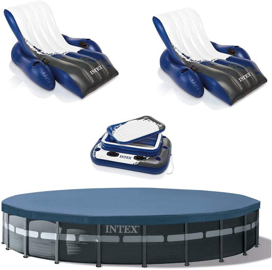 Intex 26 Foot by 52 Inch Framed Swimming Pool with Pool Cover, Inflatable Beverage Cooler, and Set of 2 Inflatable Floating Recliner Chairs, Dark Gray