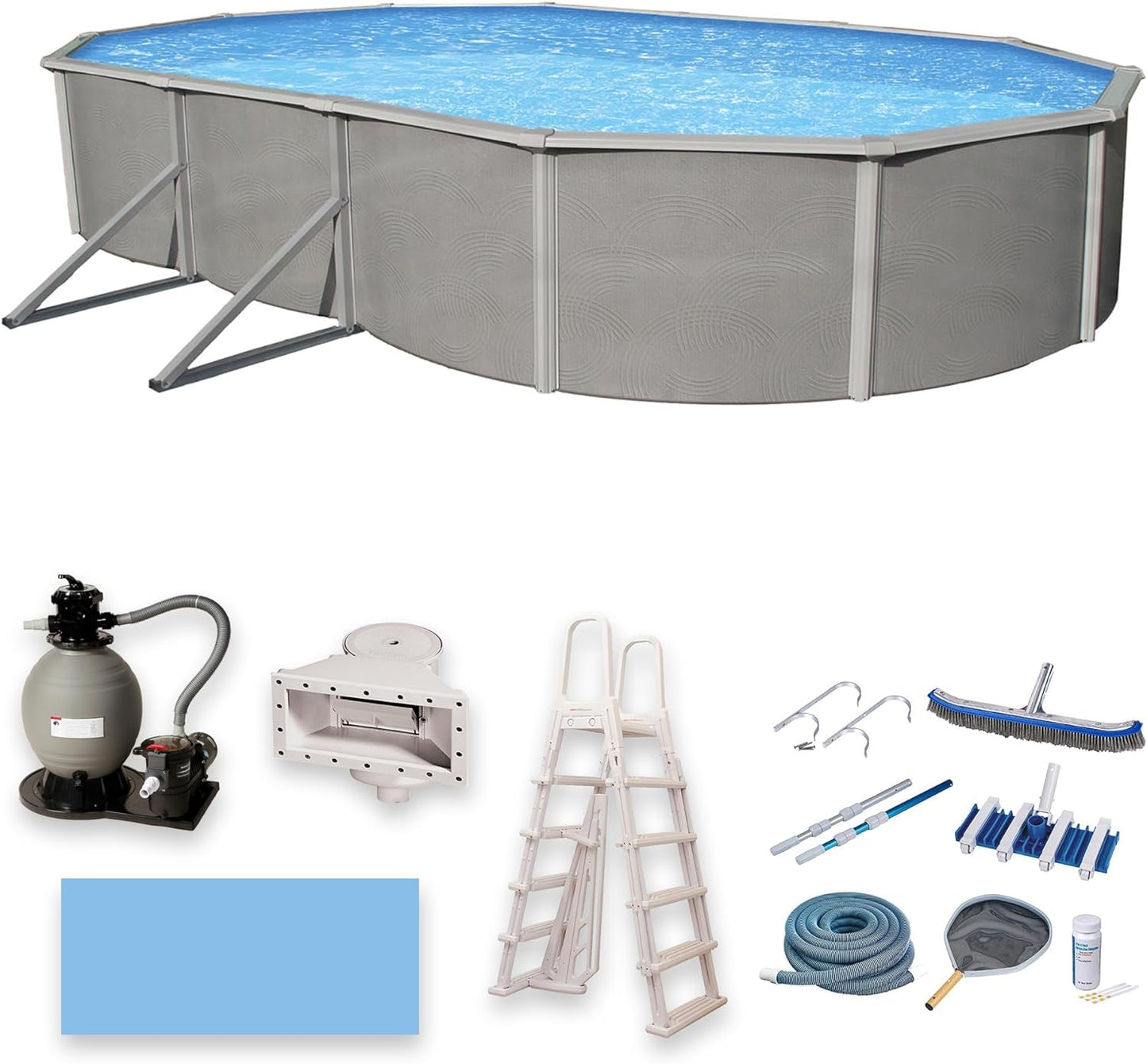 Blue Wave Belize 12-Feet by 24-Feet Oval 52-Inch Deep 6-Inch Top Rail Metal Wall Swimming Pool Package
