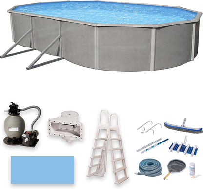 Blue Wave Belize 12-Feet by 24-Feet Oval 52-Inch Deep 6-Inch Top Rail Metal Wall Swimming Pool Package