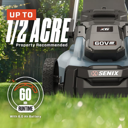 SENIX X6 60 Volt Max* 21-Inch 3-in-1 Cordless Push Lawn Mower, with Bagging, Mulching, and Side Discharge, Height Adjustment, Smart Display, 6Ah Lithium-ion Battery & Charger Included (LPPX6-H)