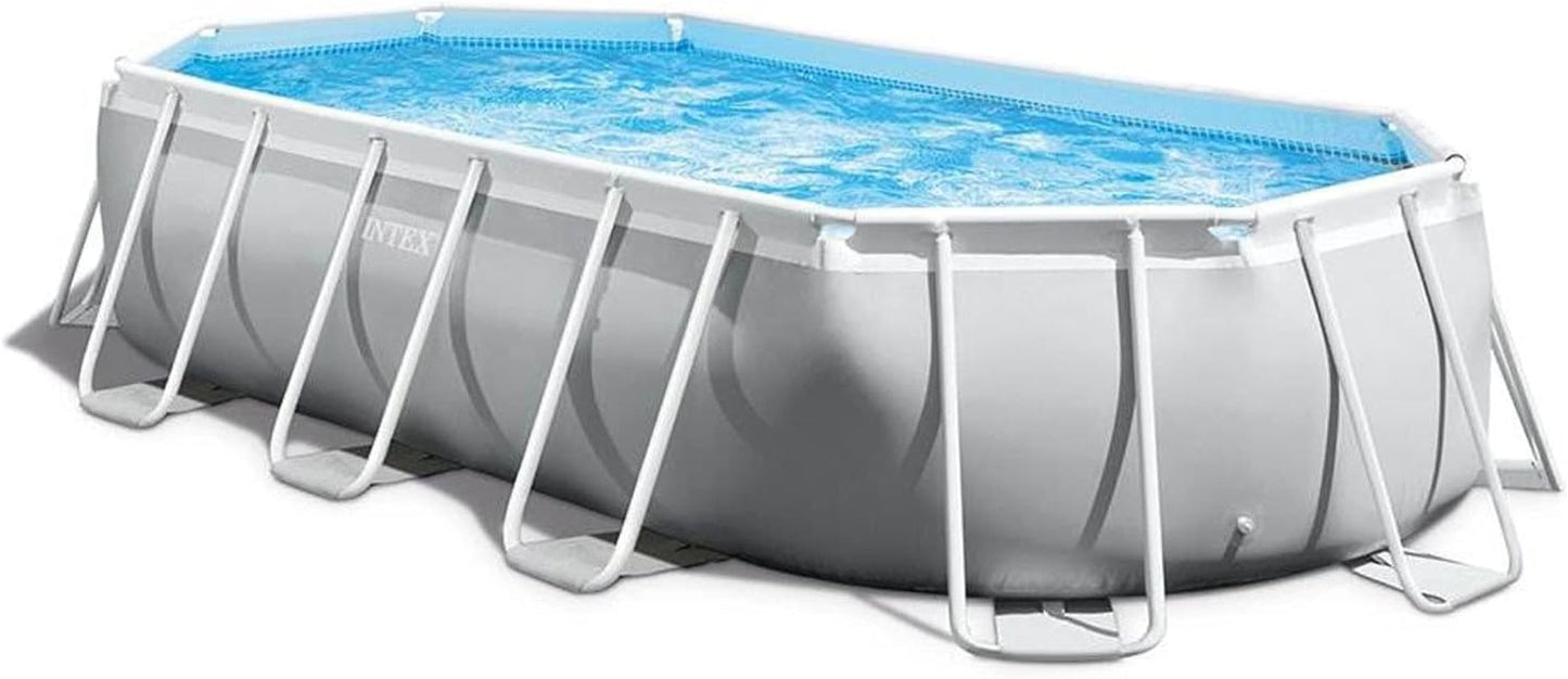 Intex Prism Frame 16.5' X 9' X 4' Oval above Ground Swimming Pool Set with Filter Pump, Ladder, Pool Cover, and Protective Sun Canopy Shade, Gray