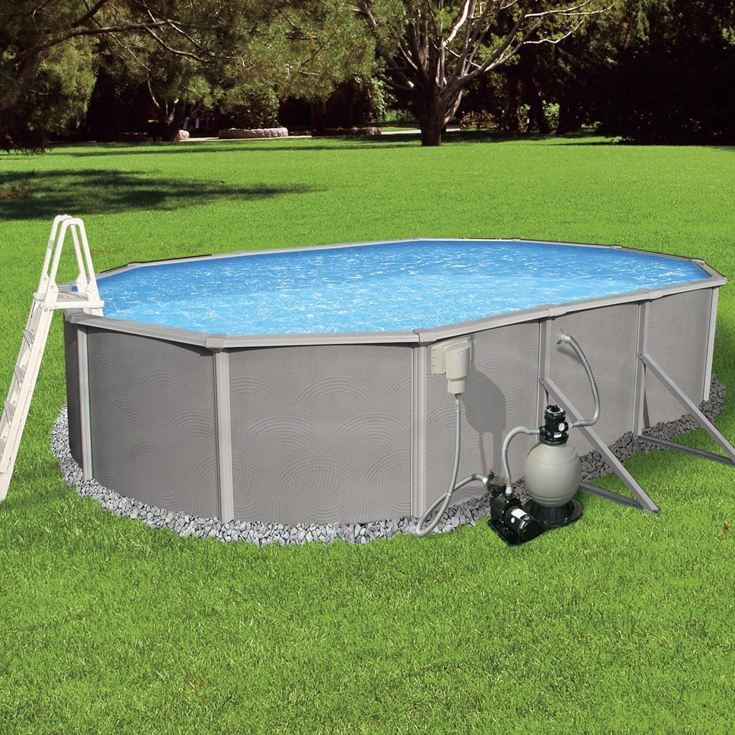 Blue Wave Belize 12-Feet by 24-Feet Oval 52-Inch Deep 6-Inch Top Rail Metal Wall Swimming Pool Package