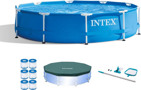 Intex Metal Frame 10' X 30" round Outdoor Swimming Pool Set with 330 GPH Filter Pump, Maintenance Kit, Cover, and Filter Cartridges (6 Pack)