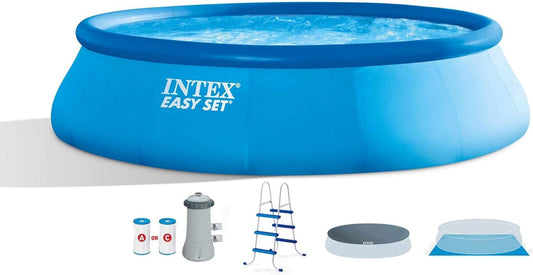 Intex Inflatable Easy Set above Ground round Swimming Pool Outdoor Pool Set for Backyards with 15' round Cover, Ladder, and Filter Pump, Blue