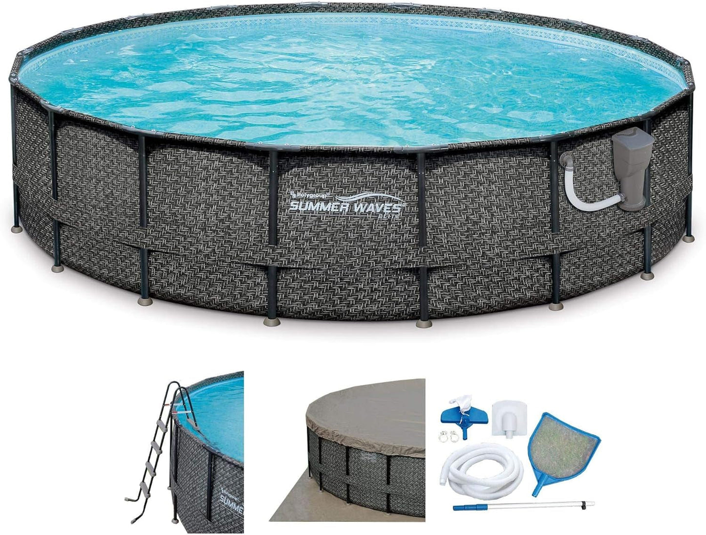 Summer Waves Elite 18Ft X 48In Metal Frame Outdoor Backyard above Ground Pool Set with Filter Pump, Ladder, Ground Cloth, Cover, and Maintenance Kit