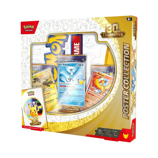Pokemon TCG 30th Celebration Poster Collection – 3 Foil Promo Cards Featuring Articuno, Zapdos & Moltres, Double-Sided Collector Poster, 3 Booster Packs (PREORDER - Release Date September 16, 2026)