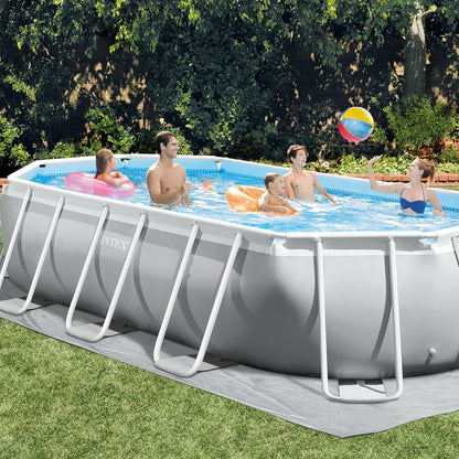 Intex Prism Frame 16.5' X 9' X 4' Oval above Ground Swimming Pool Set with Filter Pump, Ladder, Pool Cover, and Protective Sun Canopy Shade, Gray