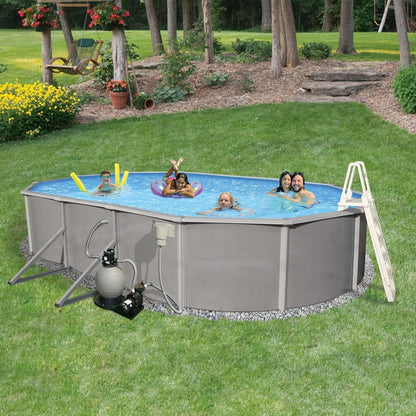 Blue Wave Belize 12-Feet by 24-Feet Oval 52-Inch Deep 6-Inch Top Rail Metal Wall Swimming Pool Package
