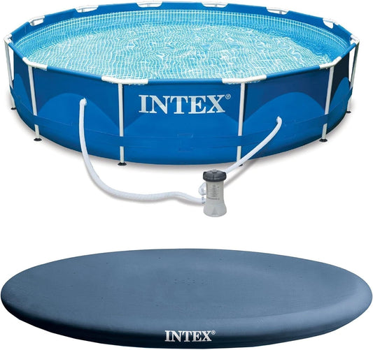 Intex 12 Foot X 30 Inch round Metal Frame above Ground Outdoor Swimming Pool Set with Filter Pump and Easy Set round Vinyl Pool Cover, Blue
