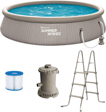 Summer Waves 14' X 36" Quick Set Inflatable Ring above Ground Outdoor Swimming Pool with RX600 GFCI Filter Pump and Ladder, Dark Wicker