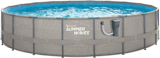 Summer Waves Active Metal Frame 20 Foot X 48 Inch round above Ground Wicker Gray Swimming Pool Set with Skimmer plus Pool Filter Pump and Type C Filter Cartridge, Gray Rattan