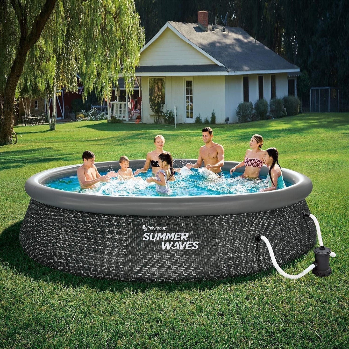 Summer Waves 14' X 36" Quick Set Inflatable Ring above Ground Outdoor Swimming Pool with RX600 GFCI Filter Pump and Ladder, Dark Wicker