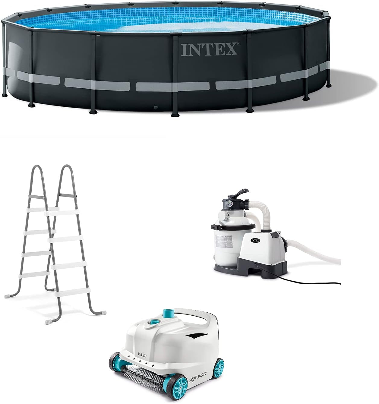 Intex Ultra XTR 16Ft X 48In Outdoor above Ground Swimming Pool Set W/Pump Bundle W/ 700 Gal per Hour Pool Cleaner Robot Vacuum & 21 Ft Hose