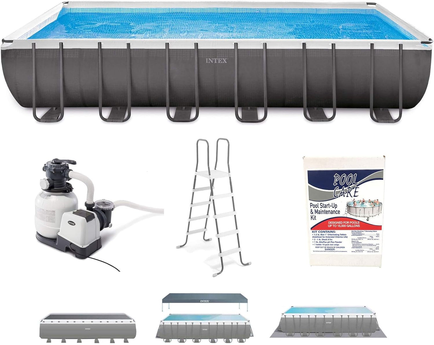 Intex 26363EH 24Ft X 12Ft X 52In Ultra XTR Frame Outdoor above Ground Rectangular Swimming Pool Set with Sand Filter Pump, Ladder, Ground Cloth, Pool Cover, and Chemical Maintenance Kit