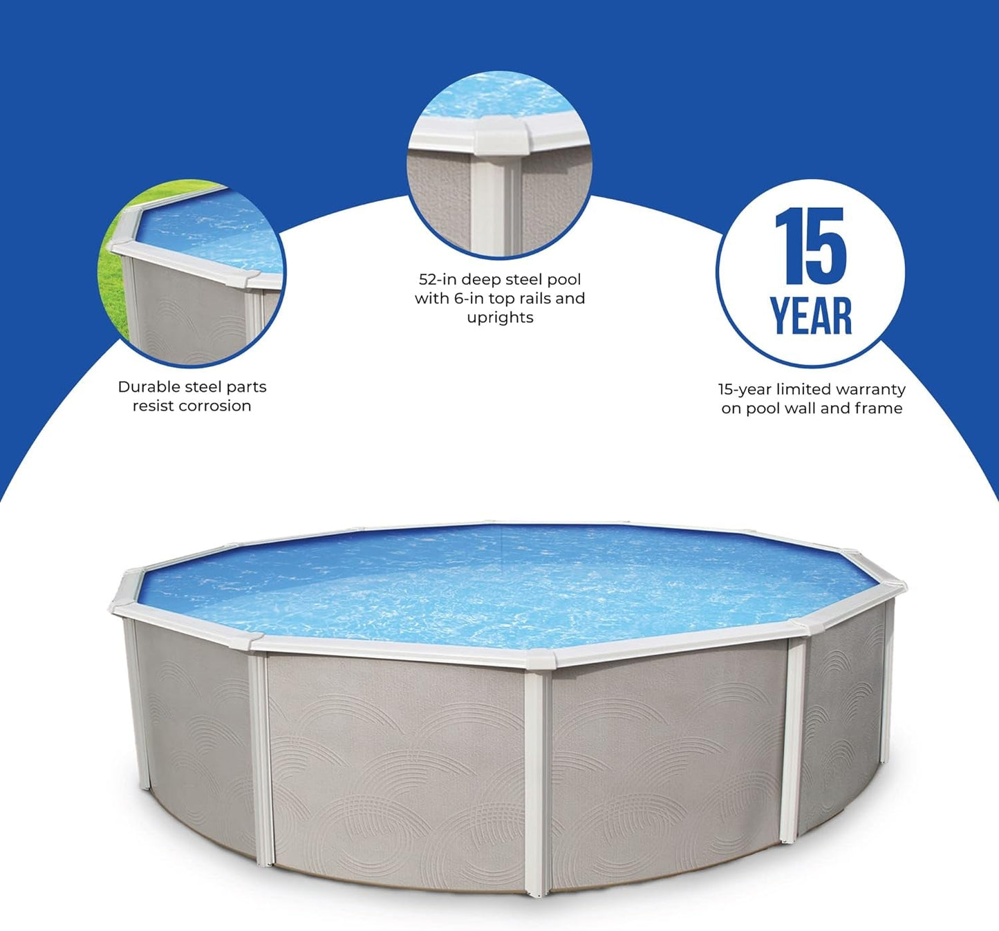 Blue Wave Belize 24-Feet round 52-Inch Deep 6-Inch Top Rail Metal Wall Swimming Pool Package