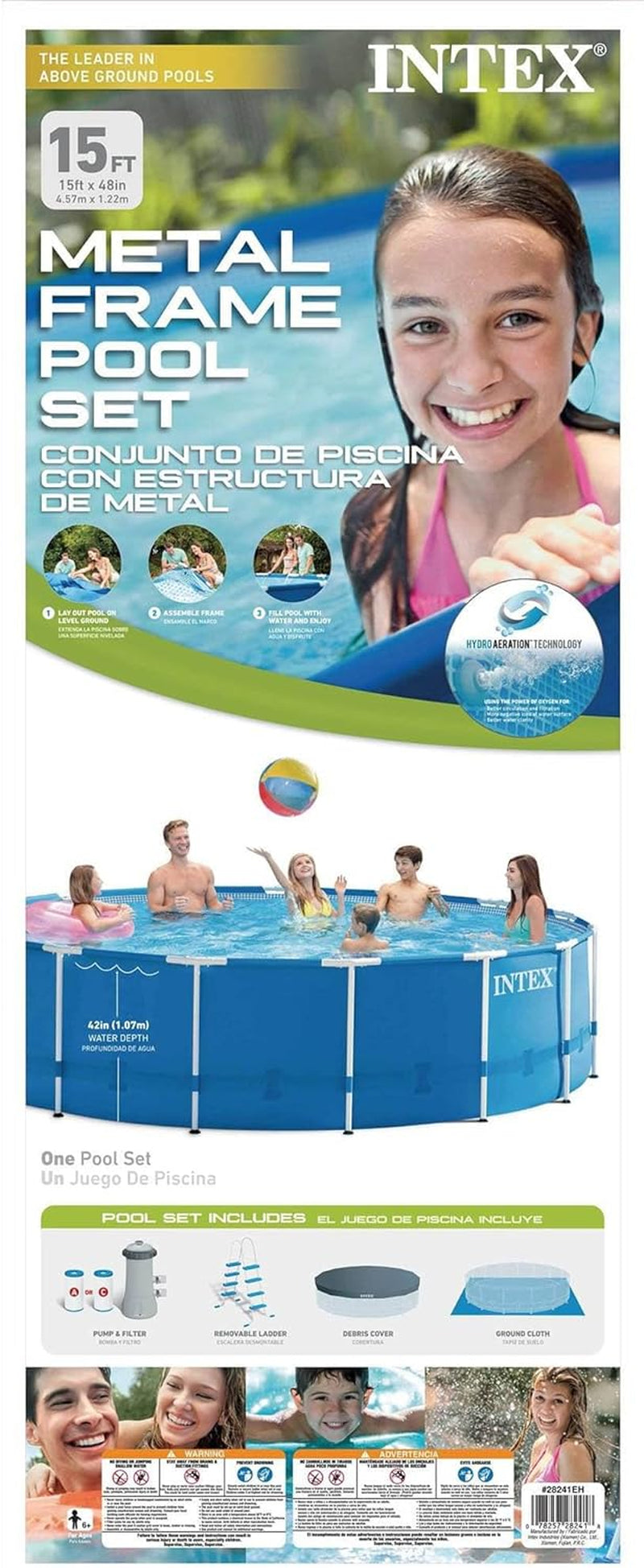 Intex 15 Foot by 48 Inch round Metal Frame above Ground Swimming Pool Set for Outdoor Use with Filter Pump, Ladder, Ground Cloth, and Cover, Blue