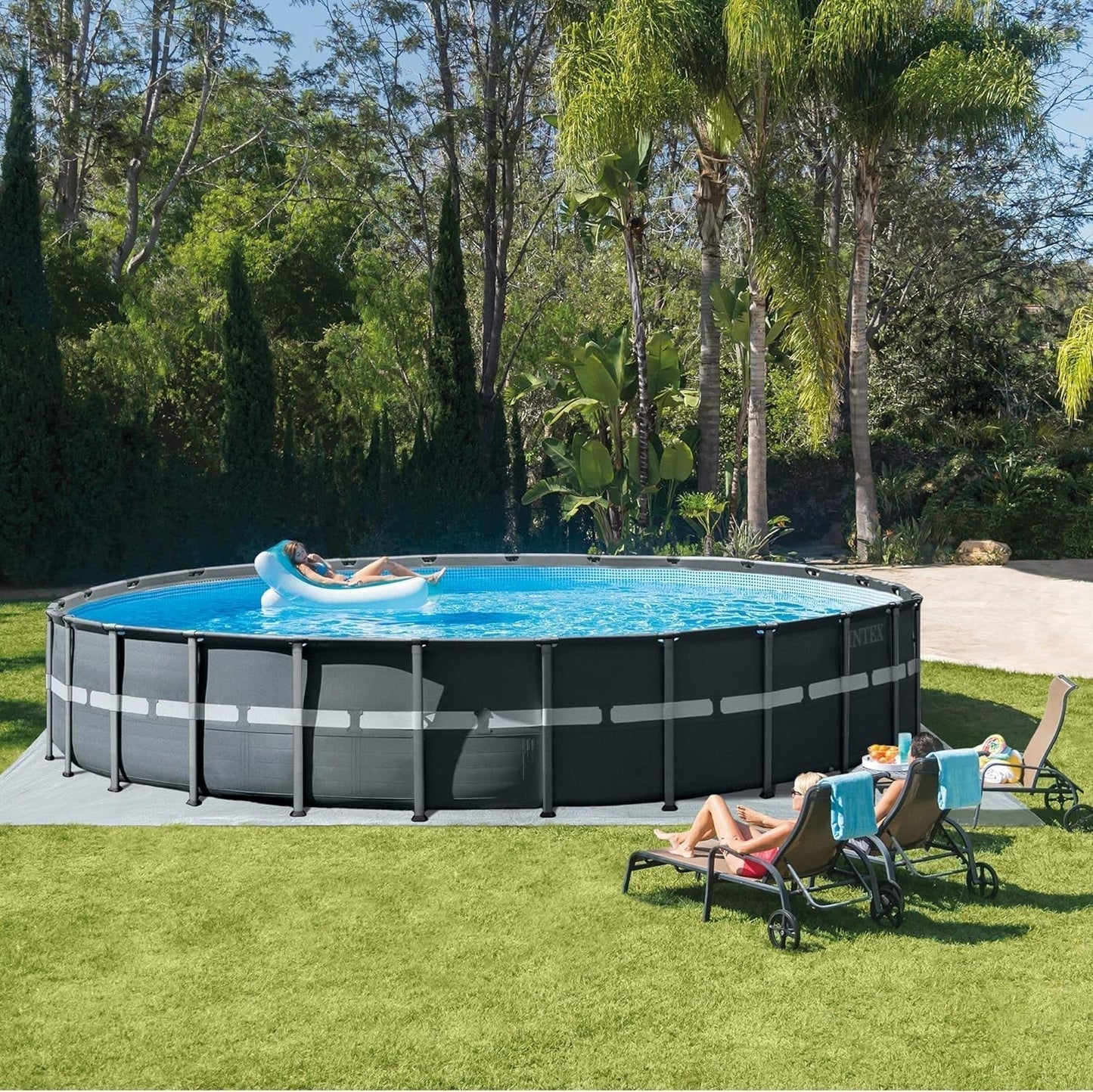 Intex 26 Foot by 52 Inch Framed Swimming Pool with Pool Cover, Inflatable Beverage Cooler, and Set of 2 Inflatable Floating Recliner Chairs, Dark Gray