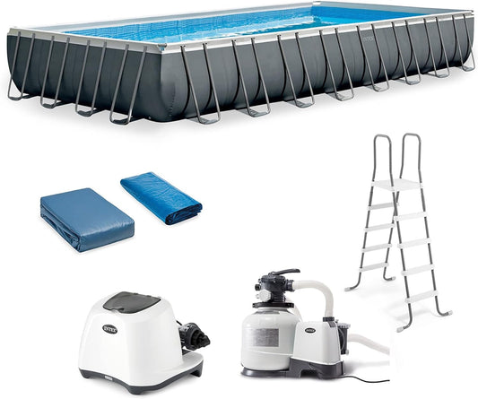 INTEX 32' X 16' X 52" Ultra XTR Frame Above-Ground Rectangular Outdoor Swimming Pool Set with Krystal Clear Saltwater System, Ladder, and Cover