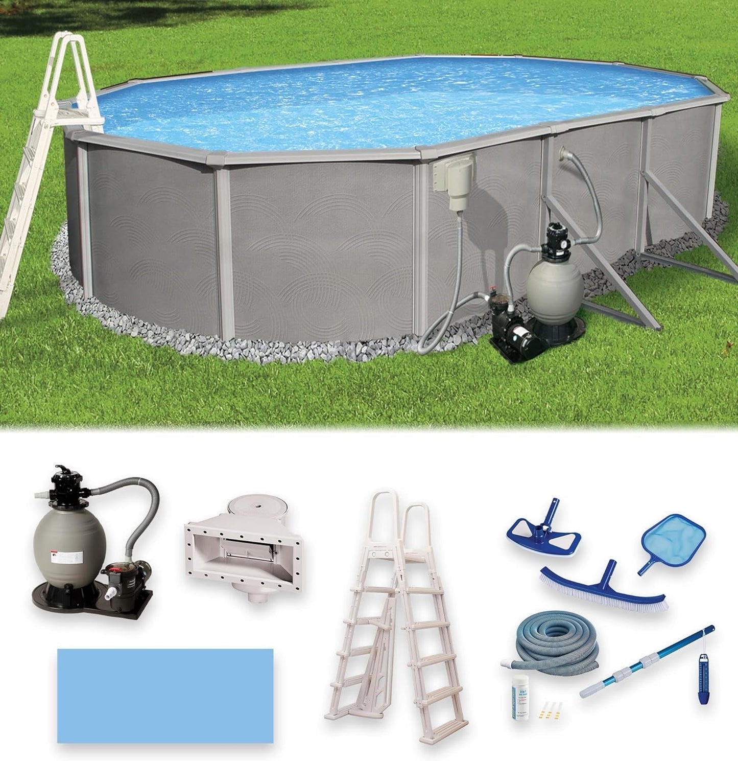 Blue Wave Belize 12-Feet by 24-Feet Oval 52-Inch Deep 6-Inch Top Rail Metal Wall Swimming Pool Package